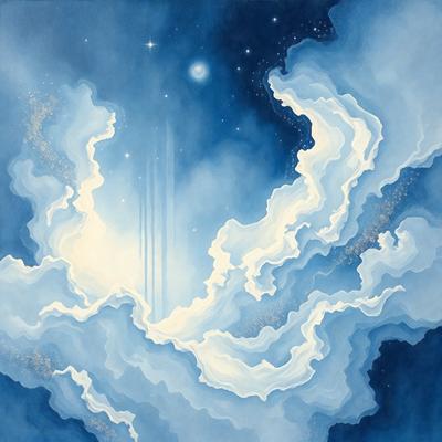The primary subject of the image is a painting of a cloudy sky with a star in the middle. The setting is a night sky, and the visual style is an artistic illustration. The colors and mood of the painting are predominantly blue, creating a serene and peaceful atmosphere.